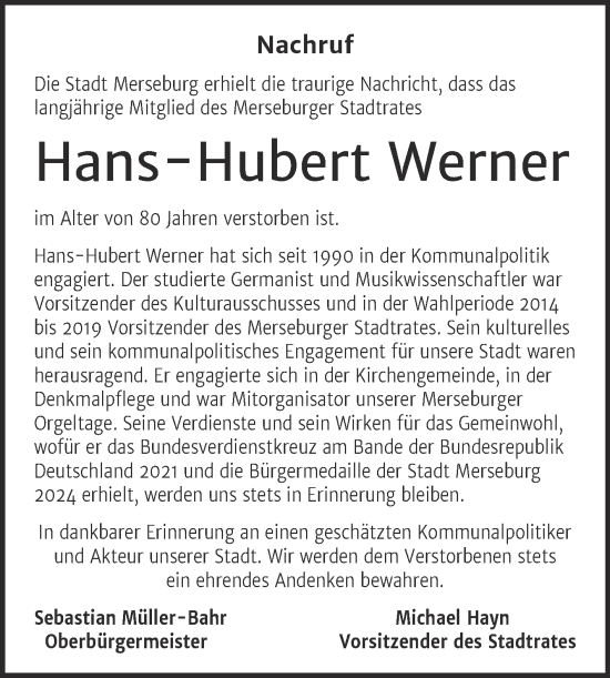 Traueranzeige von Hans-Hubert Werner von Mitteldeutsche Zeitung Merseburg/Querfurt