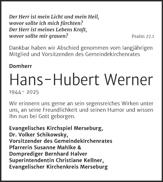 Traueranzeige von Hans-Hubert Werner von Mitteldeutsche Zeitung Merseburg/Querfurt