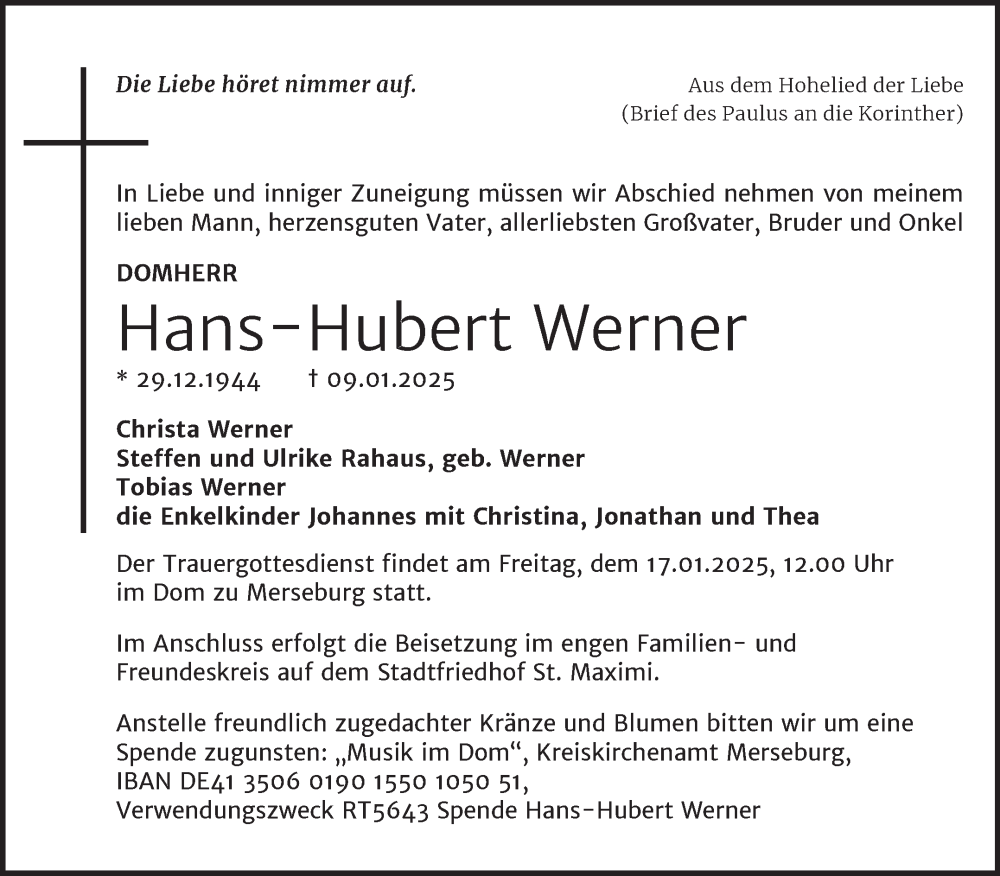  Traueranzeige für Hans-Hubert Werner vom 13.01.2025 aus Mitteldeutsche Zeitung Merseburg/Querfurt