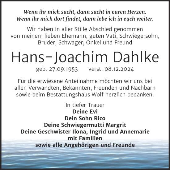 Traueranzeige von Hans-Joachim Dahlke von Trauerkombi Weißenfels