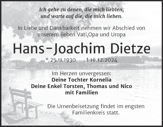 Traueranzeige von Hans-Joachim Dietze von Trauerkombi Weißenfels