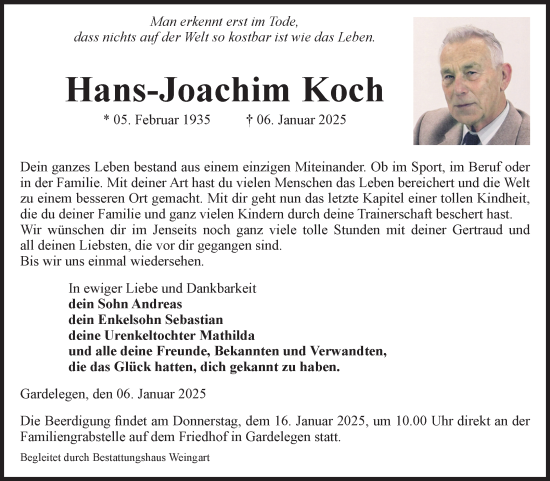 Traueranzeige von Hans-Joachim Koch von Volksstimme Altmark West