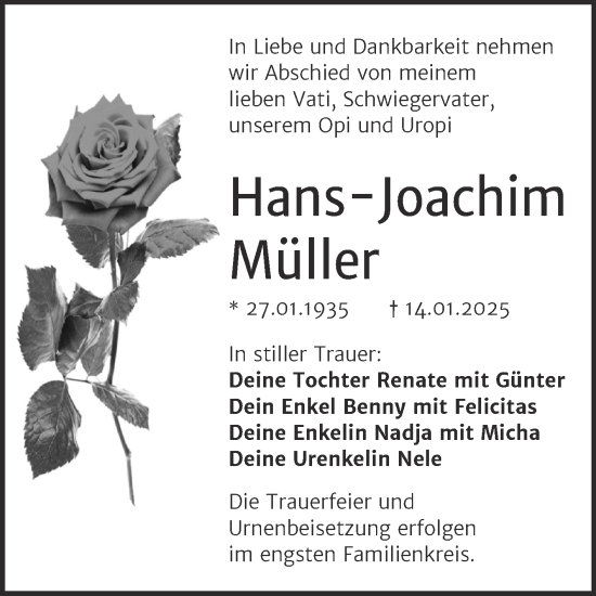 Traueranzeige von Hans-Joachim Müller von Trauerkombi Aschersleben