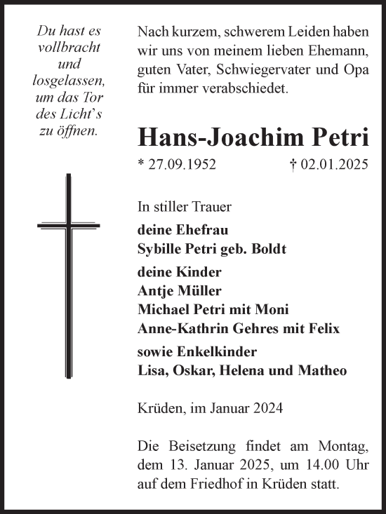 Traueranzeige von Hans-Joachim Petri 