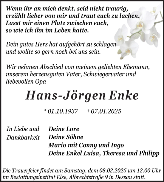Traueranzeige von Hans-Jörgen Enke von Trauerkombi Dessau