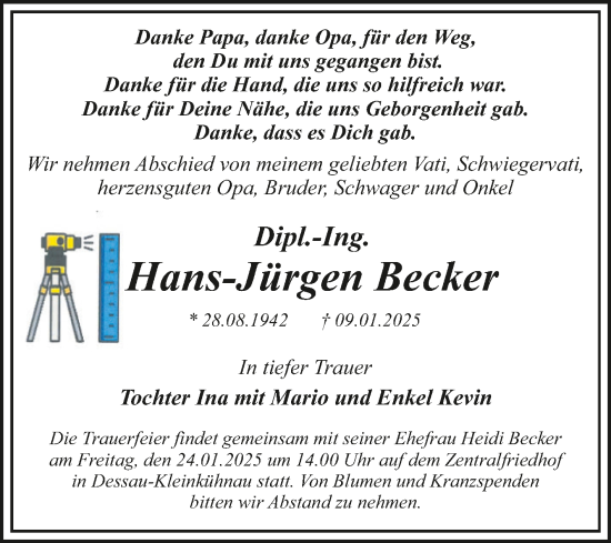 Traueranzeige von Hans-Jürgen Becker von Trauerkombi Dessau