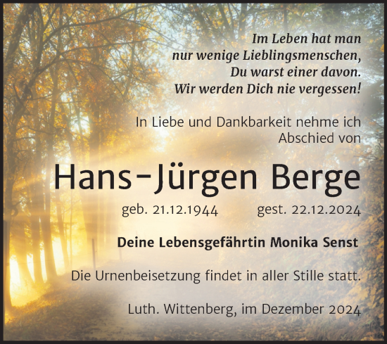 Traueranzeige von Hans-Jürgen Berge von Trauerkombi Wittenberg