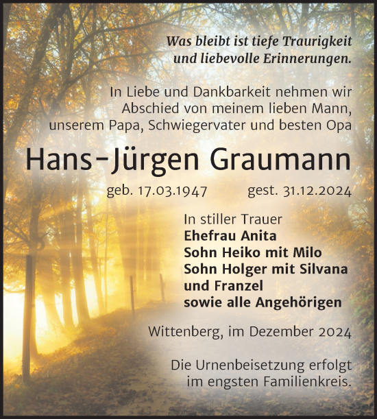 Traueranzeige von Hans-Jürgen Graumann von Trauerkombi Wittenberg