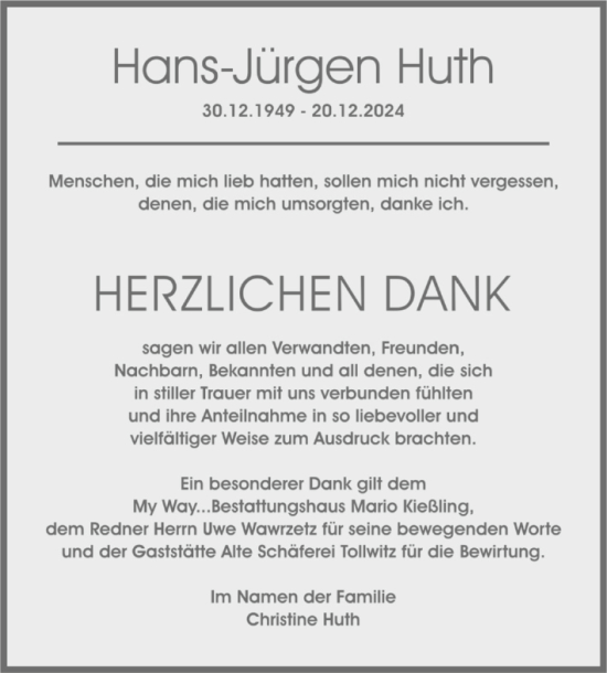 Traueranzeige von Hans-Jürgen Huth von Trauerkombi Merseburg