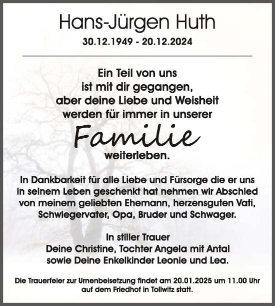 Traueranzeige von Hans-Jürgen Huth von Trauerkombi Merseburg