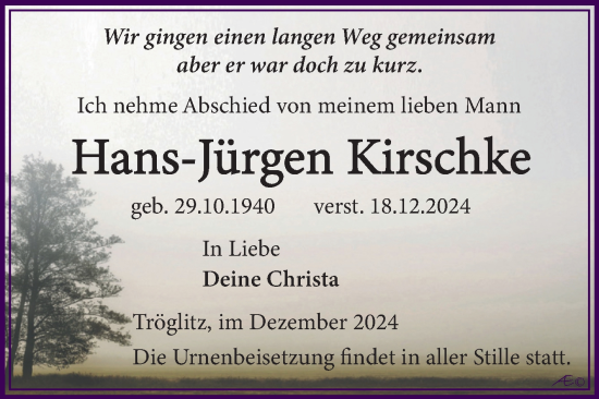 Traueranzeige von Hans-Jürgen Kirschke von Trauerkombi Zeitz
