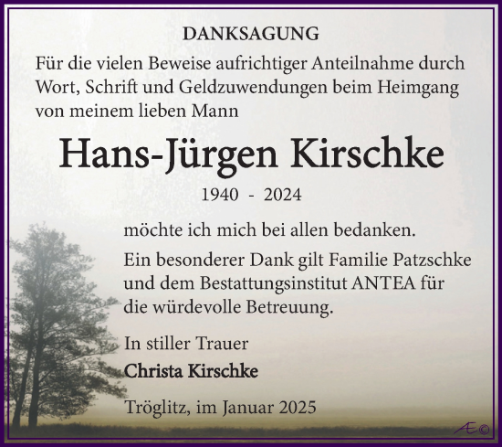 Traueranzeige von Hans-Jürgen Kirschke von Trauerkombi Zeitz