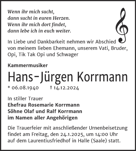 Traueranzeige von Hans-Jürgen Korrmann von Mitteldeutsche Zeitung Halle/Saalkreis