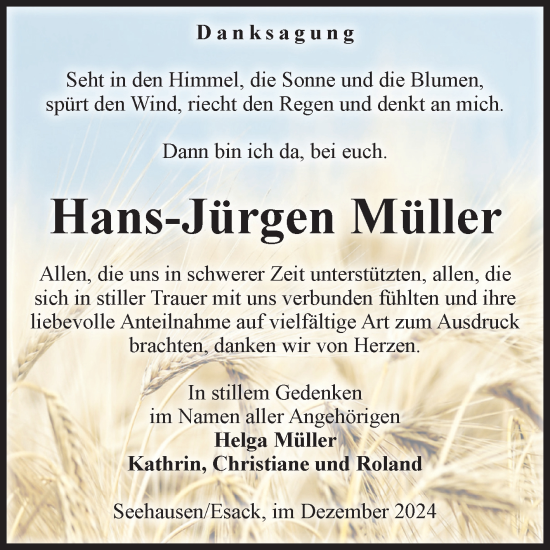 Traueranzeige von Hans-Jürgen Müller von Volksstimme Altmark Ost