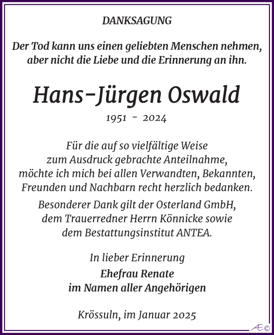 Traueranzeige von Hans-Jürgen Oswald von Trauerkombi Weißenfels
