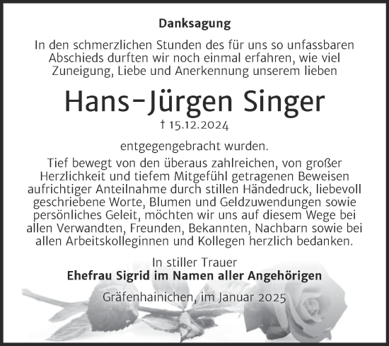 Traueranzeige von Hans-Jürgen Singer von Trauerkombi Wittenberg