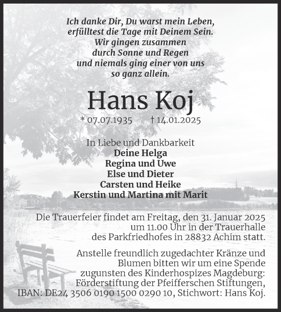 Traueranzeige von Hans Koj von Volksstimme Magdeburg