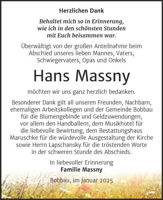 Traueranzeige von Hans Massny von Trauerkombi Bitterfeld