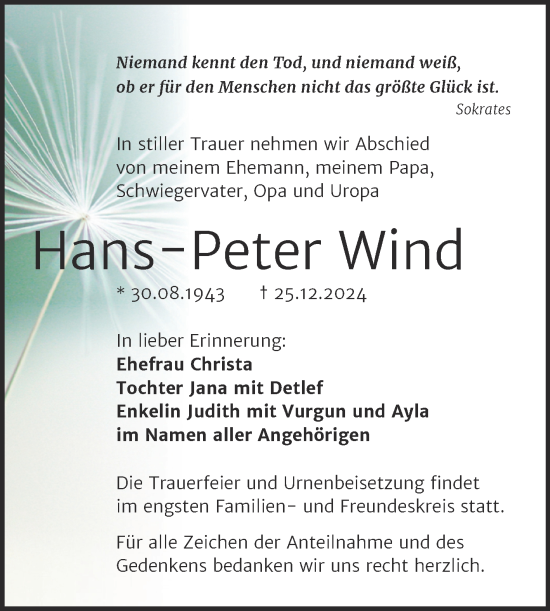 Traueranzeige von Hans-Peter Wind von Super Sonntag Naumburg/Nebra
