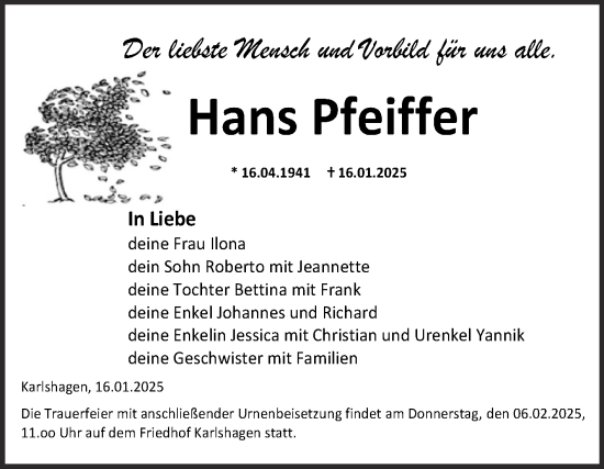 Traueranzeige von Hans Pfeiffer von Super Sonntag Zeitz