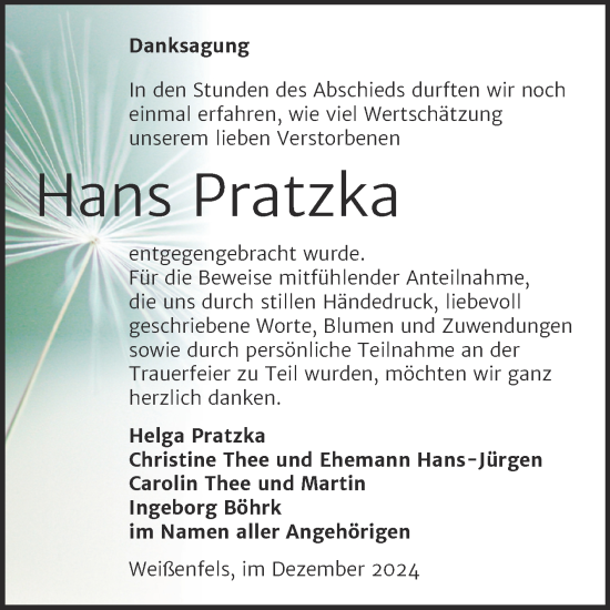 Traueranzeige von Hans Pratzka von Trauerkombi Weißenfels