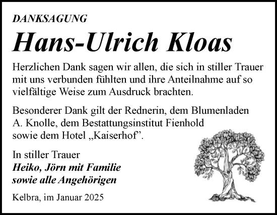 Traueranzeige von Hans-Ulrich Kloas von Trauerkombi Sangerhausen