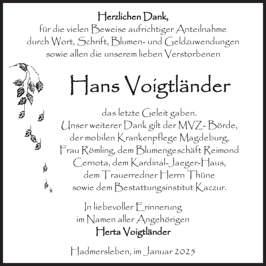 Traueranzeige von Hans Voigtländer von Volksstimme Oschersleben/Wanzleben
