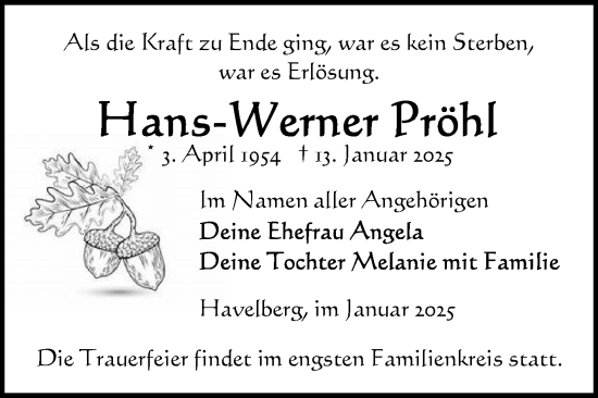 Traueranzeige von Hans-Werner Pröhl von Volksstimme Altmark Ost