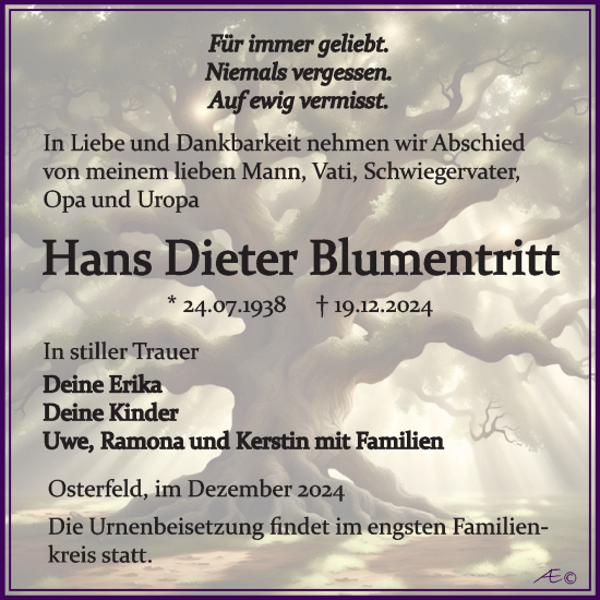 Traueranzeige von Hans Dieter Blumentritt von Trauerkombi Zeitz