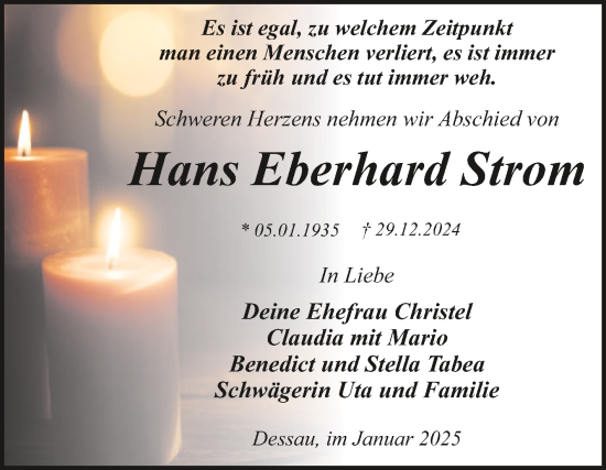 Traueranzeige von Hans Eberhard Strom von Trauerkombi Dessau