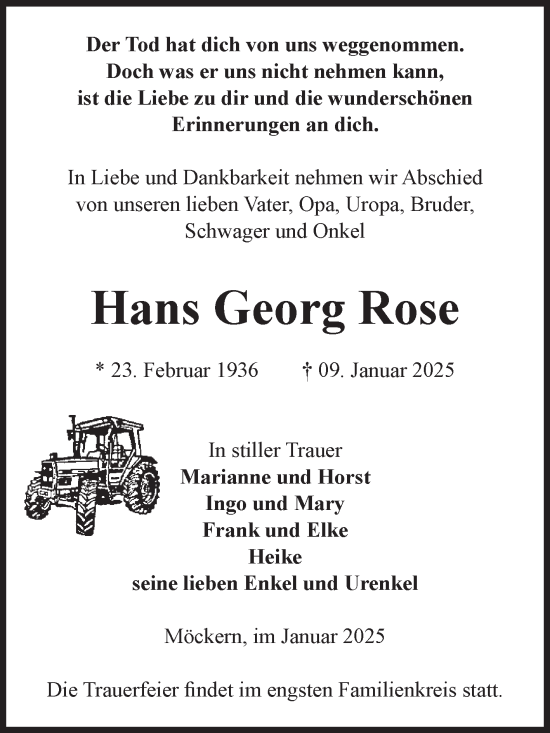 Traueranzeige von Hans Georg Rose von Volksstimme Burg/Genthin