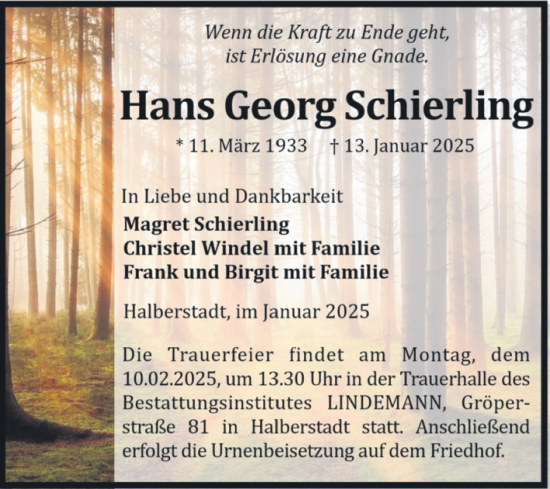 Traueranzeige von Hans Georg Schierling von Volksstimme Halberstadt
