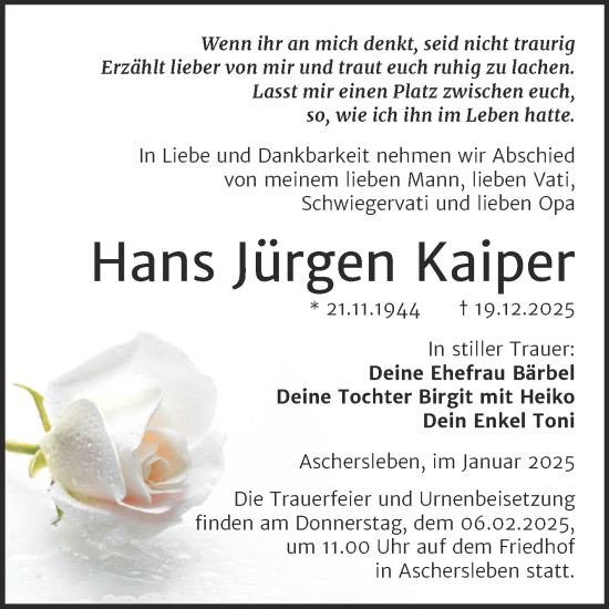 Traueranzeige von Hans Jürgen Kaiper von Trauerkombi Aschersleben