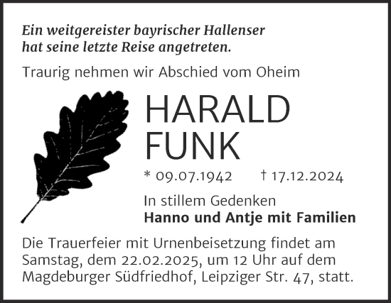 Traueranzeige von Harald Funk von Mitteldeutsche Zeitung Halle/Saalkreis