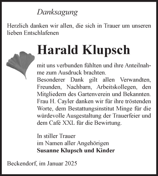 Traueranzeige von Harald Klupsch von Volksstimme Oschersleben/Wanzleben