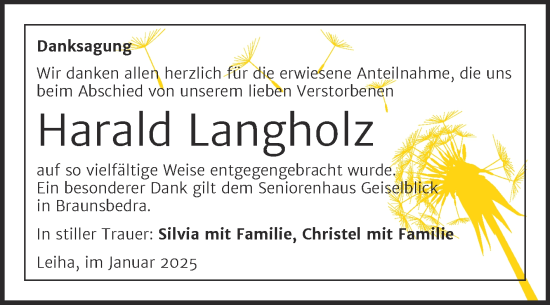 Traueranzeige von Harald Langholz von Trauerkombi Merseburg