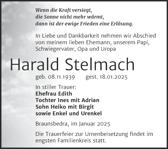 Traueranzeige von Harald Stelmach von Trauerkombi Merseburg