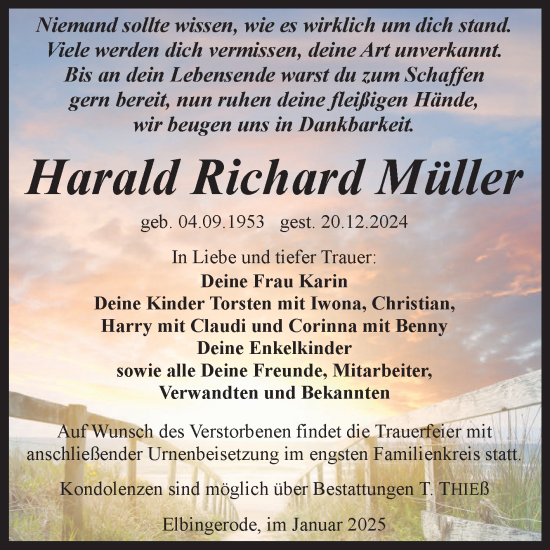 Traueranzeige von Harald Richard Müller von Volksstimme Wernigerode
