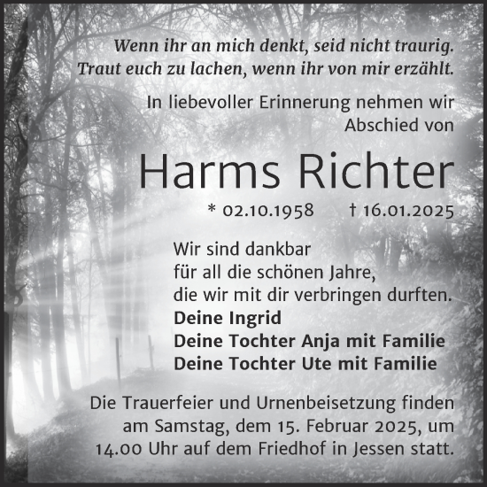 Traueranzeige von Harms Richter von Trauerkombi Wittenberg