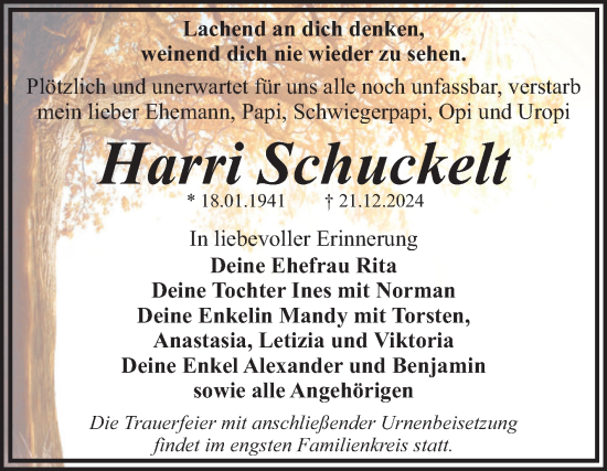 Traueranzeige von Harri Schuckelt von Trauerkombi Dessau