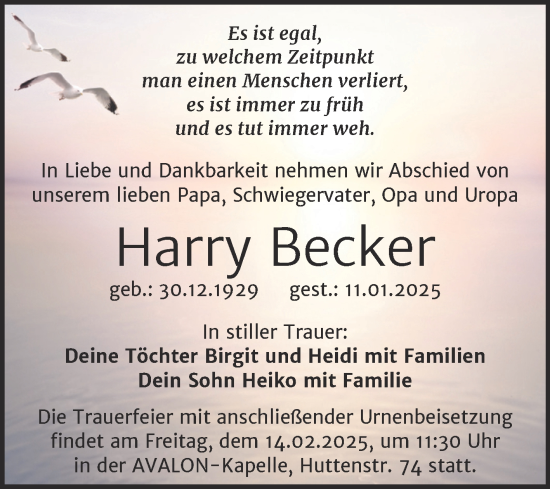 Traueranzeige von Harry Becker von Mitteldeutsche Zeitung Halle/Saalkreis