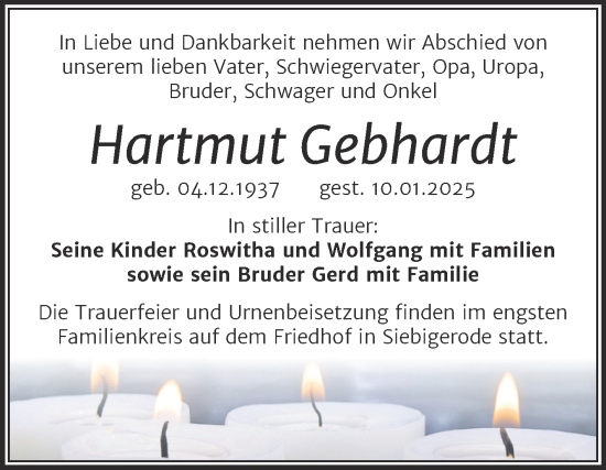 Traueranzeige von Hartmut Gebhardt von Trauerkombi Mansfelder Land