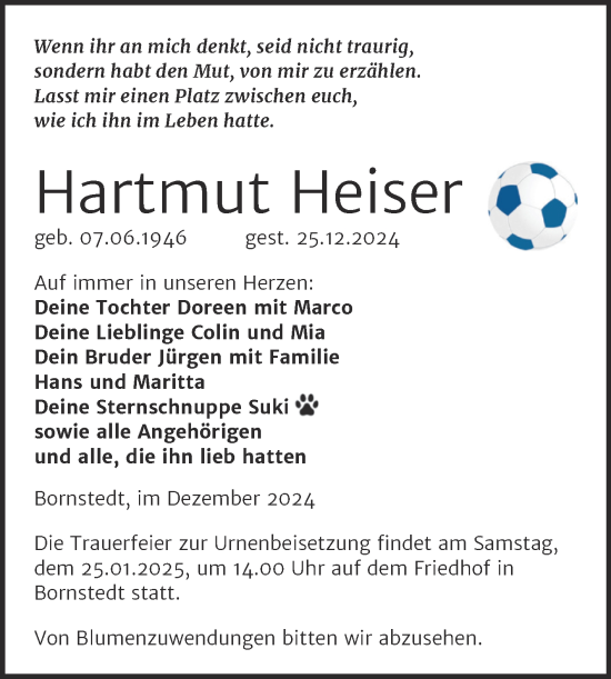 Traueranzeige von Hartmut Heiser von Trauerkombi Mansfelder Land