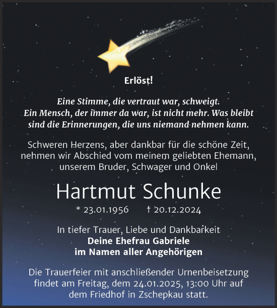 Traueranzeige von Hartmut Schunke von Trauerkombi Bitterfeld