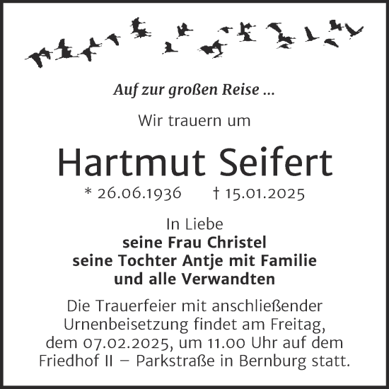 Traueranzeige von Hartmut Seifert von Trauerkombi Bernburg