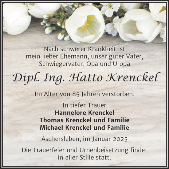 Traueranzeige von Hatto Krenckel von Trauerkombi Aschersleben