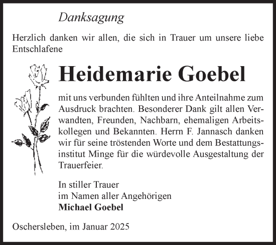 Traueranzeige von Heidemarie Goebel von Volksstimme Oschersleben/Wanzleben