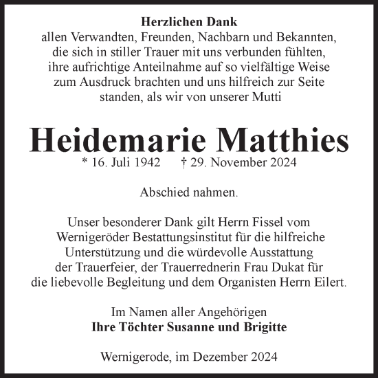 Traueranzeige von Heidemarie Matthies von Volksstimme Wernigerode