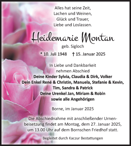 Traueranzeige von Heidemarie Montan von Volksstimme Staßfurt