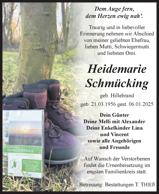 Traueranzeige von Heidemarie Schmücking von Volksstimme Wernigerode